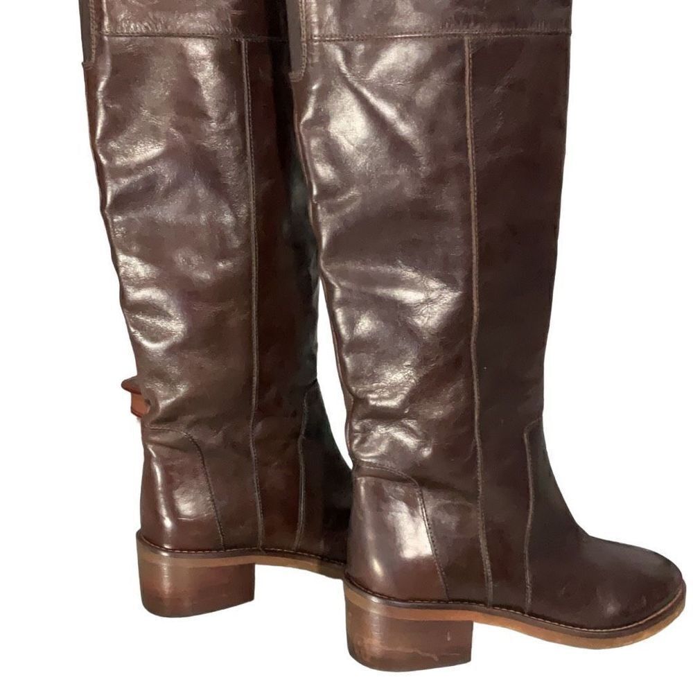 Dune London Brown Leather Over the Knee Riding Boots Open Back Buckle Sz 37 US 6 - Picture 7 of 13